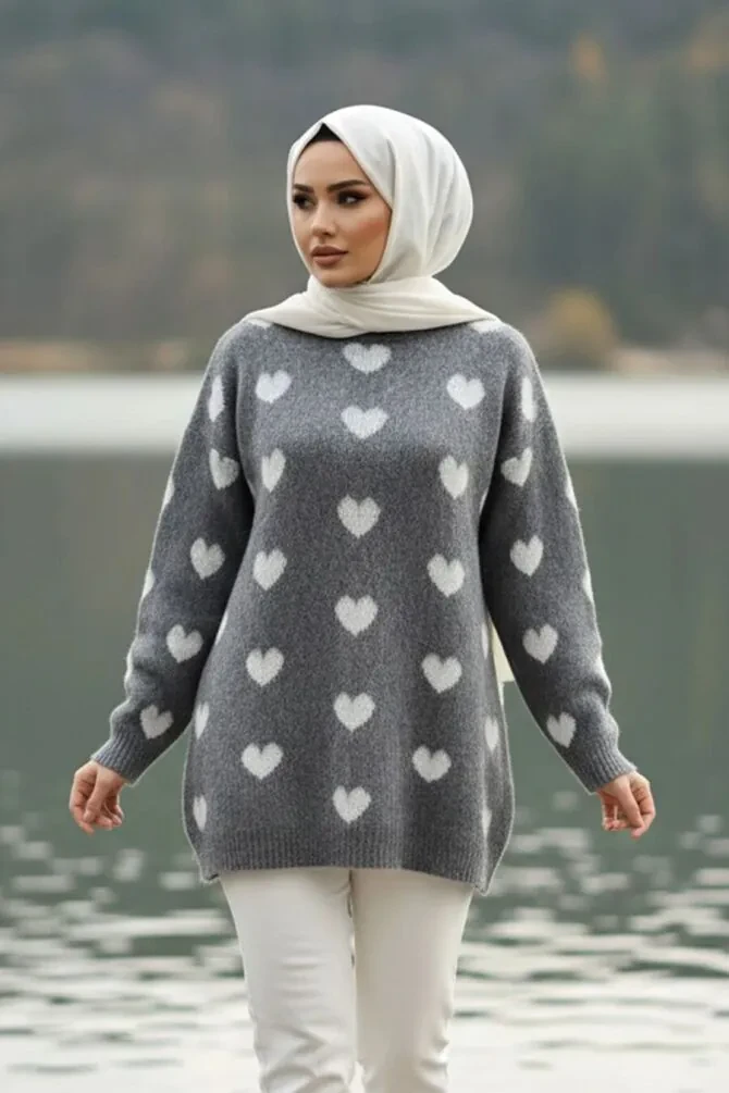 Kalp Desenli Füme Tesettür Triko Kazak Tunik 8688FU - 1