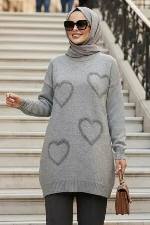 Kalp Desenli Gri Tesettür Triko Kazak 8802GR 