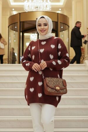 Kalp Desenli Kahverengi Tesettür Triko Kazak Tunik 8688KH 