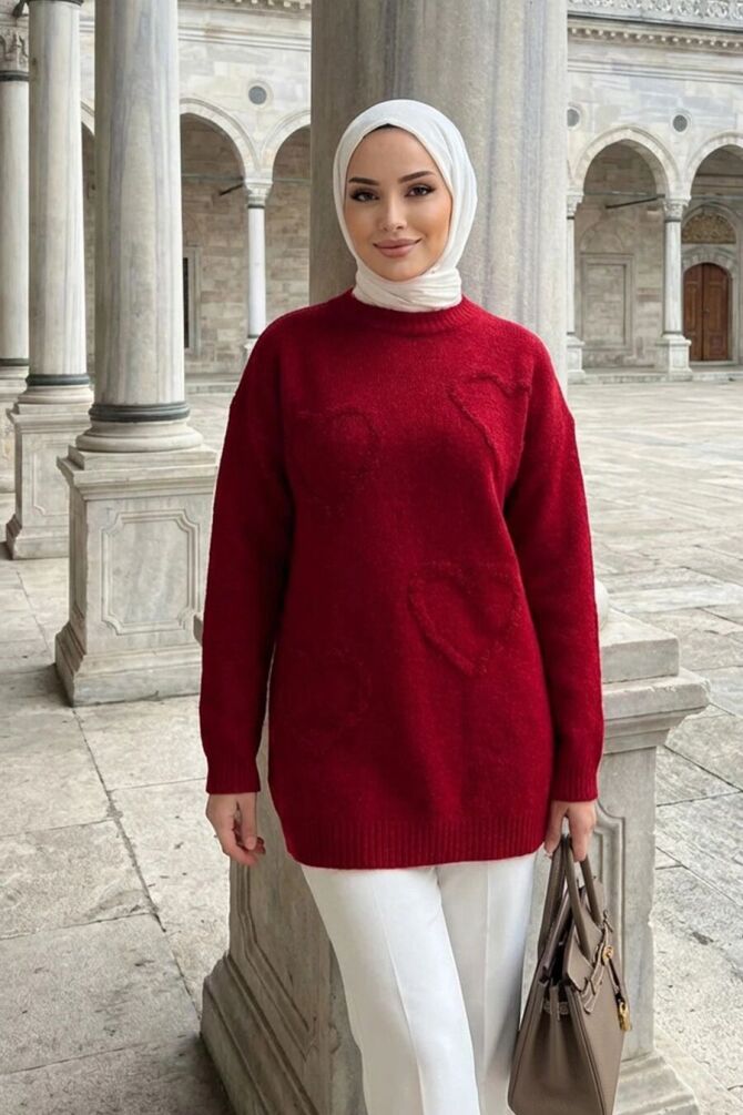 Kalp Desenli Kırmızı Tesettür Triko Kazak Tunik 8802K - 1