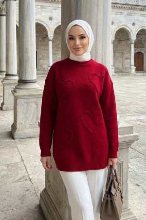 Kalp Desenli Kırmızı Tesettür Triko Kazak Tunik 8802K - 1