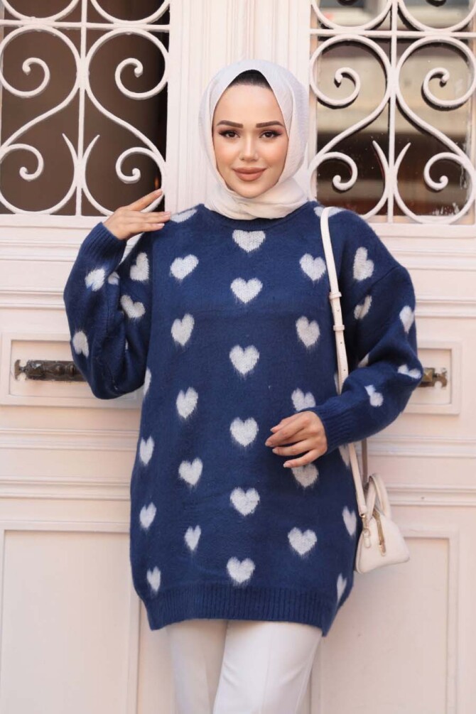 Kalp Desenli Lacivert Tesettür Triko Kazak Tunik 8688L - 1