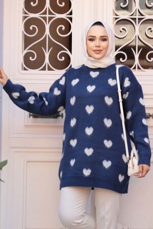 Kalp Desenli Lacivert Tesettür Triko Kazak Tunik 8688L - 2