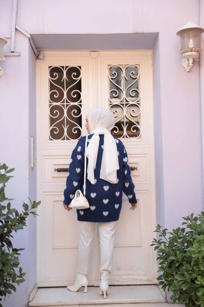 Kalp Desenli Lacivert Tesettür Triko Kazak Tunik 8688L - 3