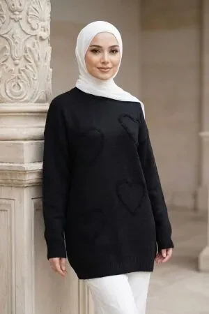 Kalp Desenli Siyah Tesettür Triko Kazak Tunik 8802S 