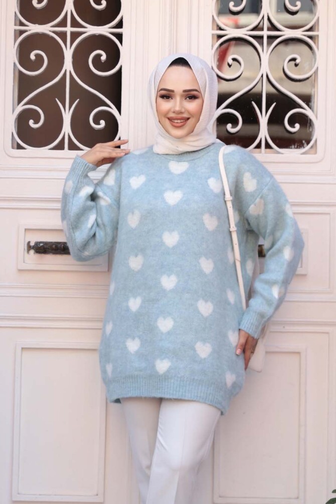 Kalp Desenli Turkuaz Tesettür Triko Kazak Tunik 8688TR - 1