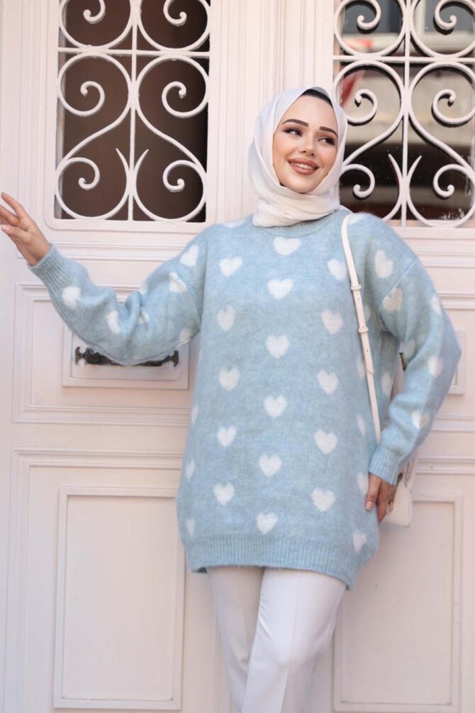 Kalp Desenli Turkuaz Tesettür Triko Kazak Tunik 8688TR - 3