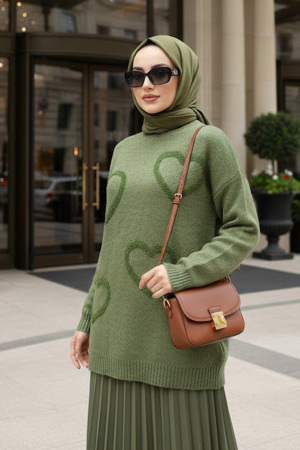 Kalp Desenli Yağ Yeşili Tesettür Triko Kazak Tunik 8802YY - 1