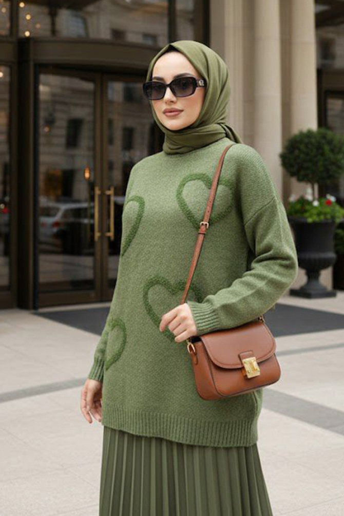 Kalp Desenli Yağ Yeşili Tesettür Triko Kazak Tunik 8802YY - N.S NEVA STYLE