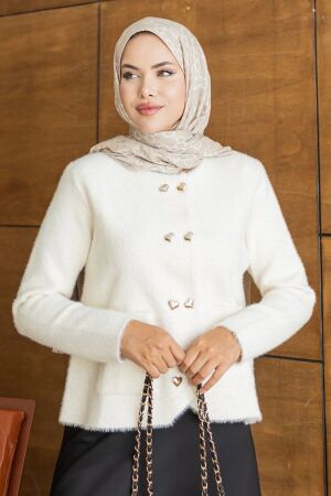 Kalp Düğmeli Cepli Krem Sakal Angora Tesettür Triko Hırka 251404KR - N.S NEVA STYLE