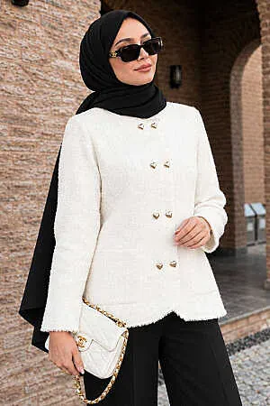 Kalp Düğmeli Cepli Krem Sakal Angora Tesettür Triko Hırka 251404KR - 1