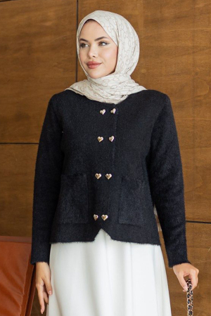 Kalp Düğmeli Cepli Siyah Tesettür Triko Hırka 251404S - N.S NEVA STYLE