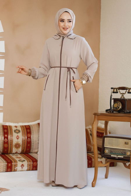 Kapşonlu Bej Tesettür Abaya 81151BEJ - 3