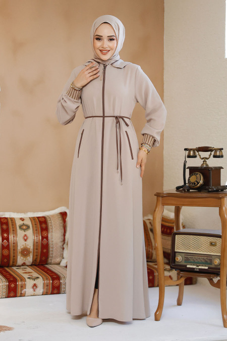 Kapşonlu Bej Tesettür Abaya 81151BEJ - 4