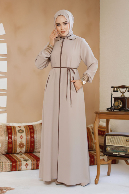 Kapşonlu Bej Tesettür Abaya 81151BEJ - 5