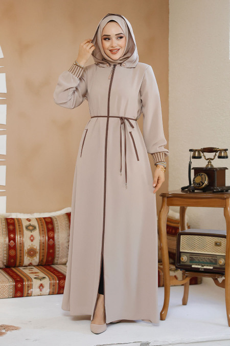 Kapşonlu Bej Tesettür Abaya 81151BEJ - 2