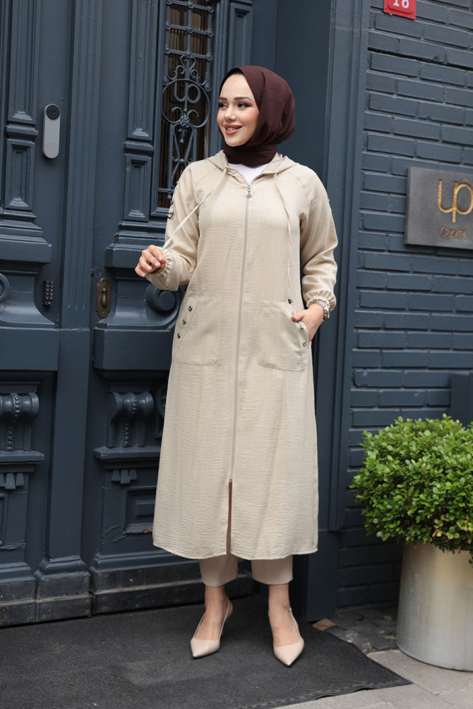 Kapşonlu Bej Tesettür Kap 511BEJ - NEVA STYLE
