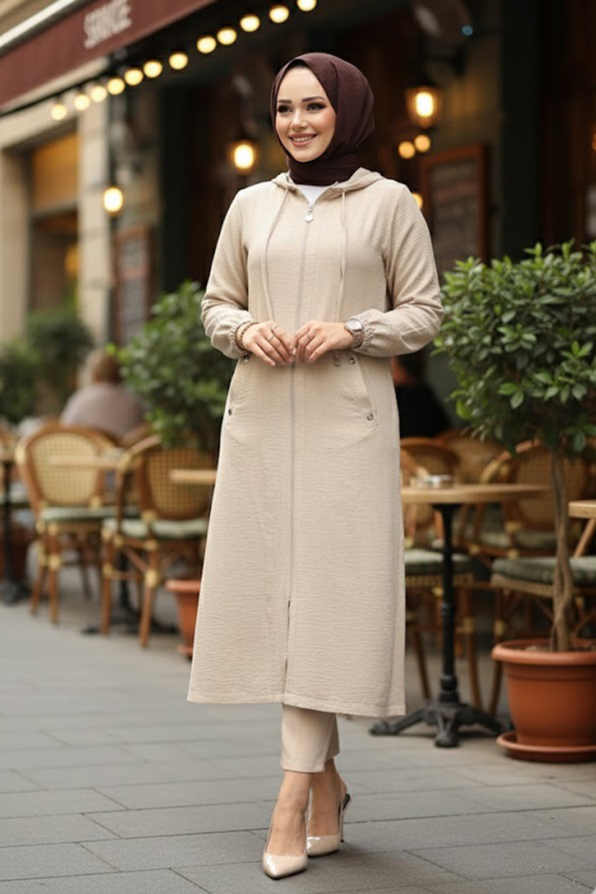 Kapşonlu Bej Tesettür Kap 539BEJ - NEVA STYLE