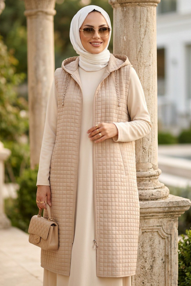 Kapşonlu Bej Tesettür Yelek 30415BEJ - N.S NEVA STYLE