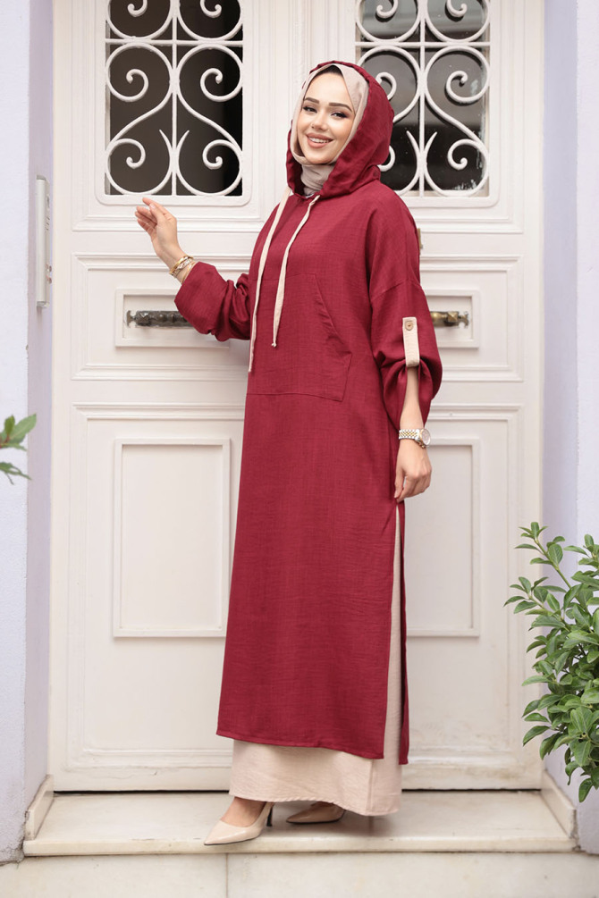 Kapşonlu Bordo Tesettür Elbise 76612BR - 2