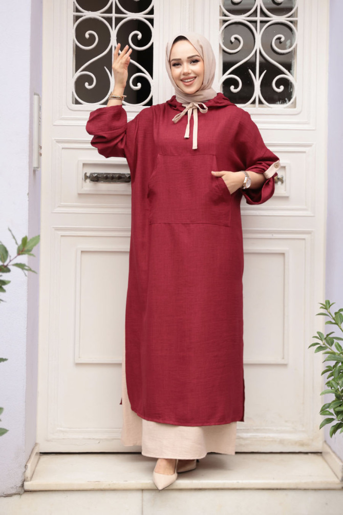 Kapşonlu Bordo Tesettür Elbise 76612BR - 3