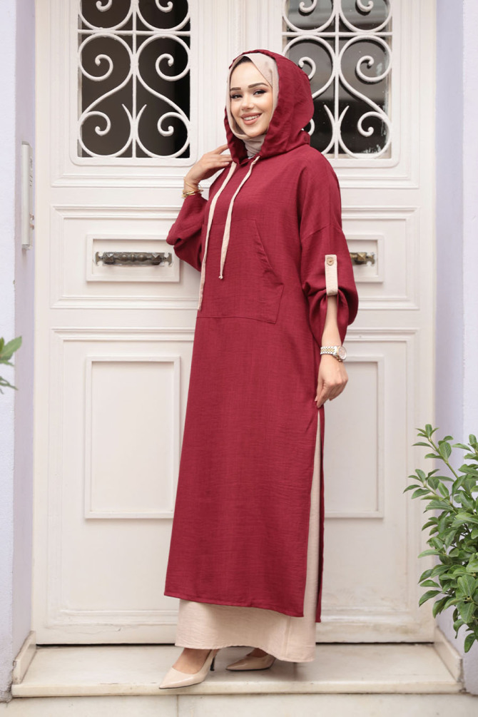 Kapşonlu Bordo Tesettür Elbise 76612BR - 1
