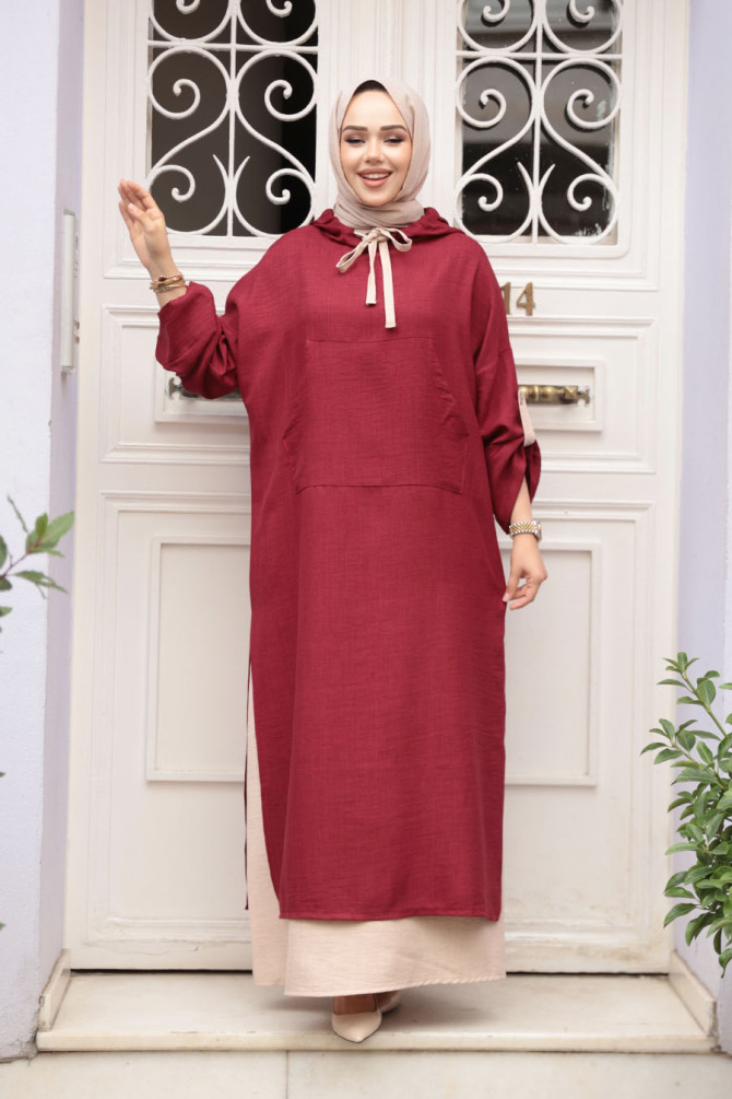 Kapşonlu Bordo Tesettür Elbise 76612BR - 4