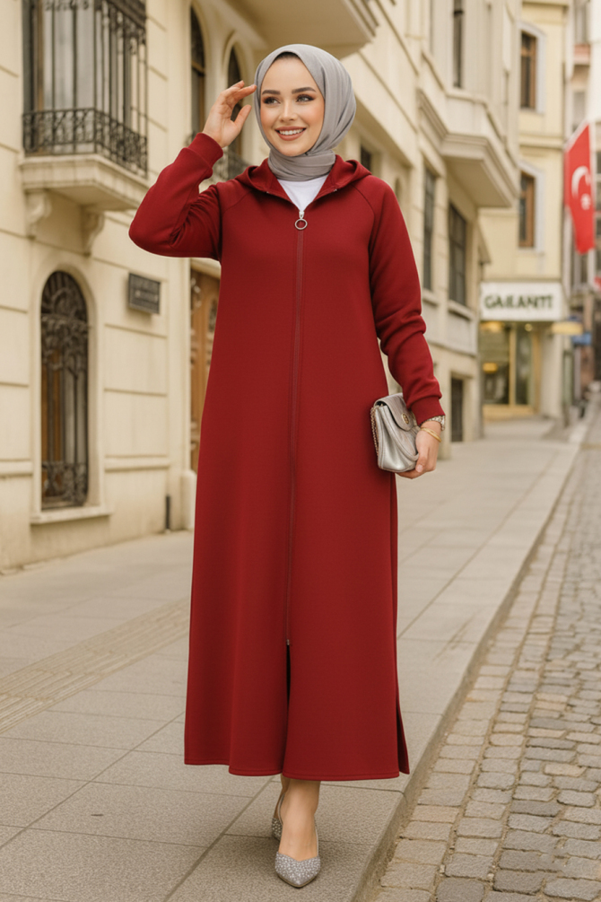 Kapşonlu Bordo Tesettür Kap 72231BR - 1