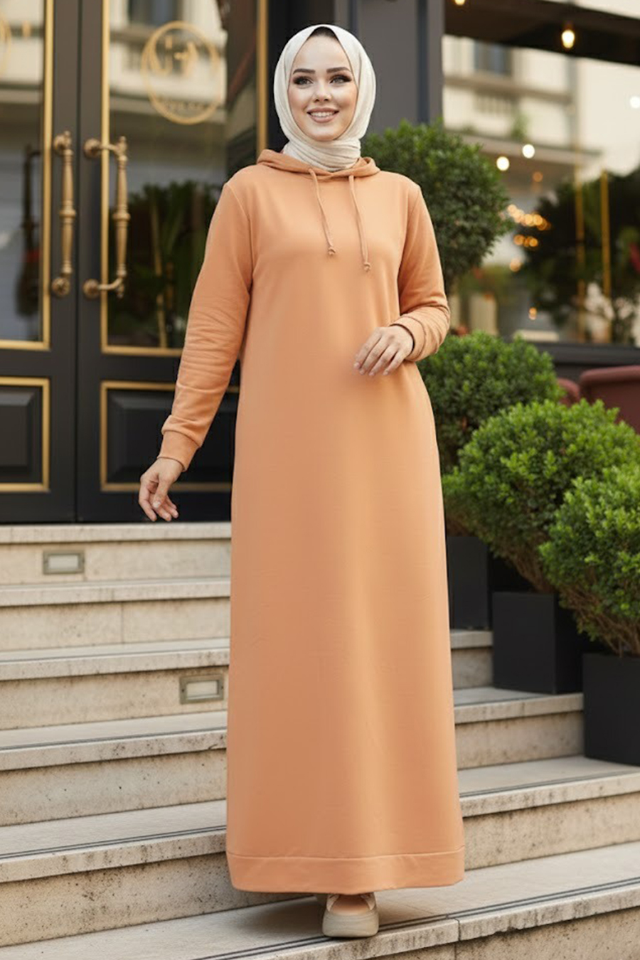 Kapşonlu Camel Tesettür Elbise 50421C