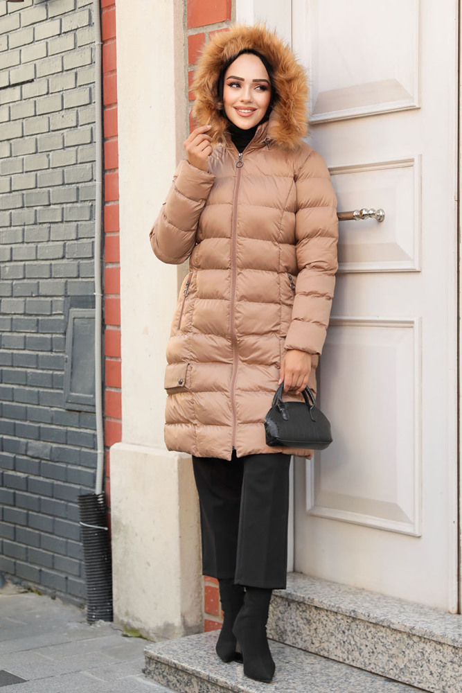 Kapşonlu Camel Tesettür Şişme Mont 9781C - NEVA STYLE