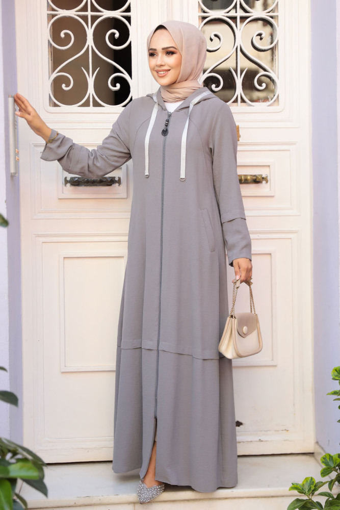 Kapşonlu Gri Tesettür Abaya 17303GR - 1