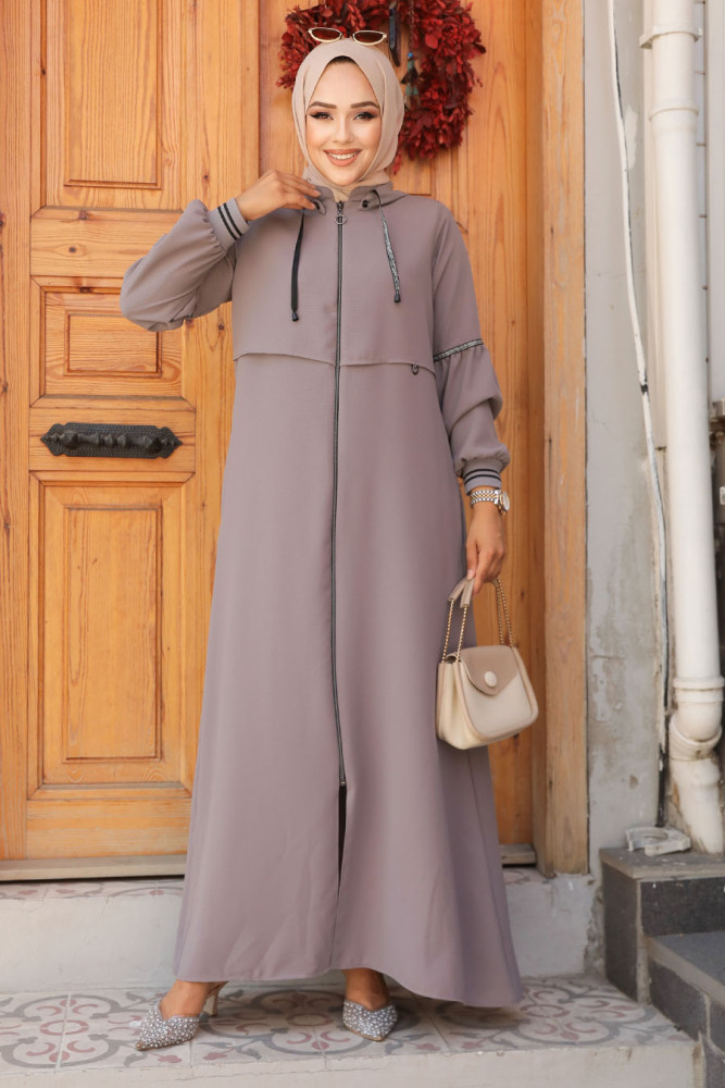 Kapşonlu Gri Tesettür Abaya 62602GR - 2