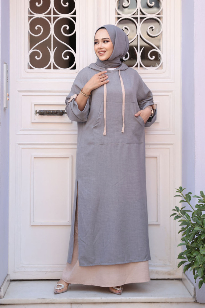Kapşonlu Gri Tesettür Elbise 76612GR - N.S NEVA STYLE