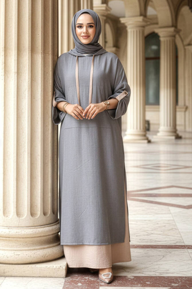 Kapşonlu Gri Tesettür Elbise 76612GR - 1