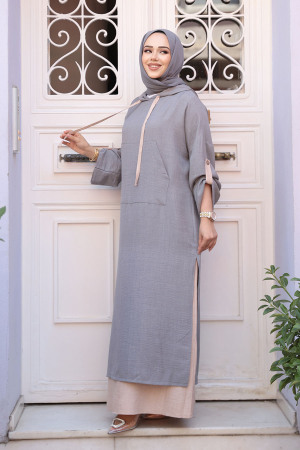 Kapşonlu Gri Tesettür Elbise 76612GR - 3