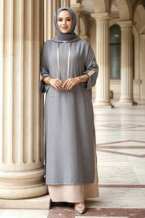 Kapşonlu Gri Tesettür Elbise 76612GR 
