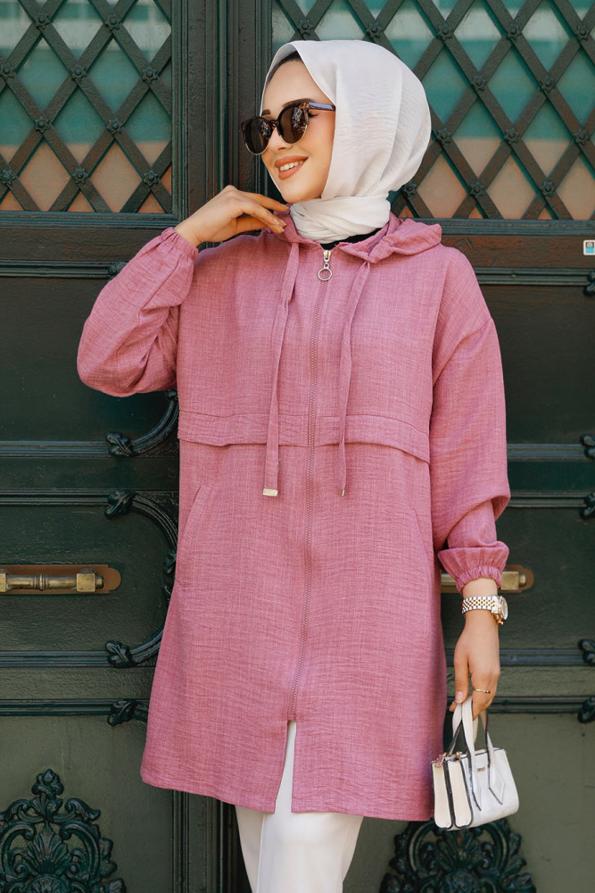 Kapşonlu Gül Kurusu Tesettür Kap 6686GK - NEVA STYLE