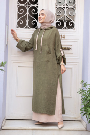 Kapşonlu Haki Tesettür Elbise 76612HK 