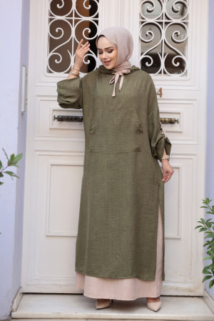 Kapşonlu Haki Tesettür Elbise 76612HK - 2