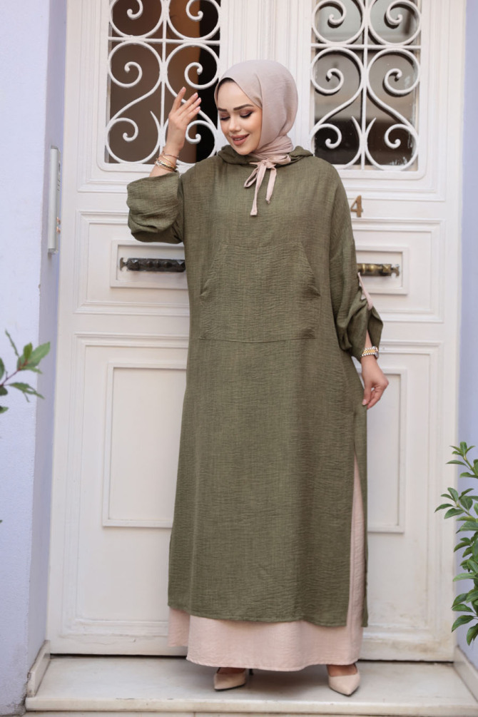 Kapşonlu Haki Tesettür Elbise 76612HK - 2