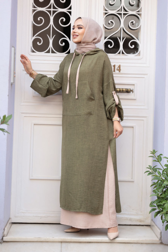 Kapşonlu Haki Tesettür Elbise 76612HK - 1