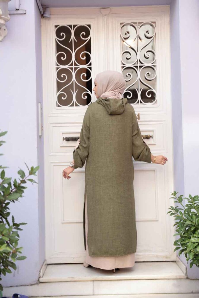 Kapşonlu Haki Tesettür Elbise 76612HK - 4