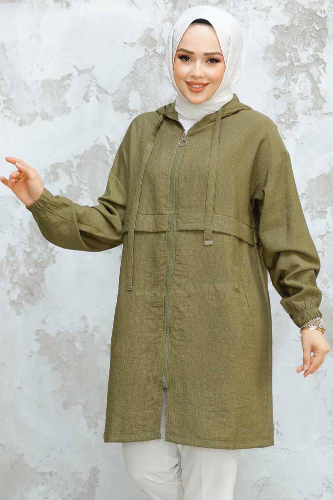 Kapşonlu Haki Tesettür Kap 44721HK - NEVA STYLE