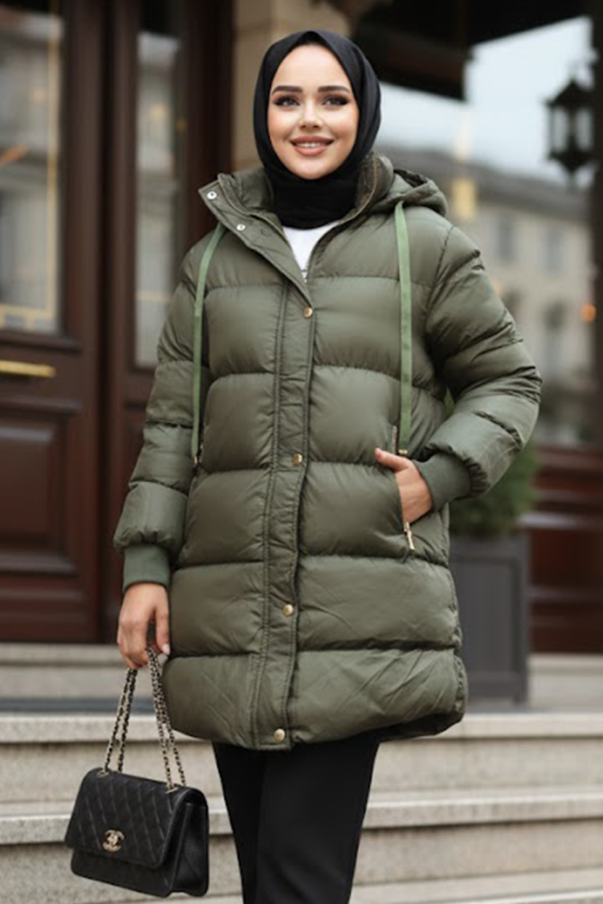 Kapşonlu Haki Tesettür Şişme Mont 80191HK - NEVA STYLE