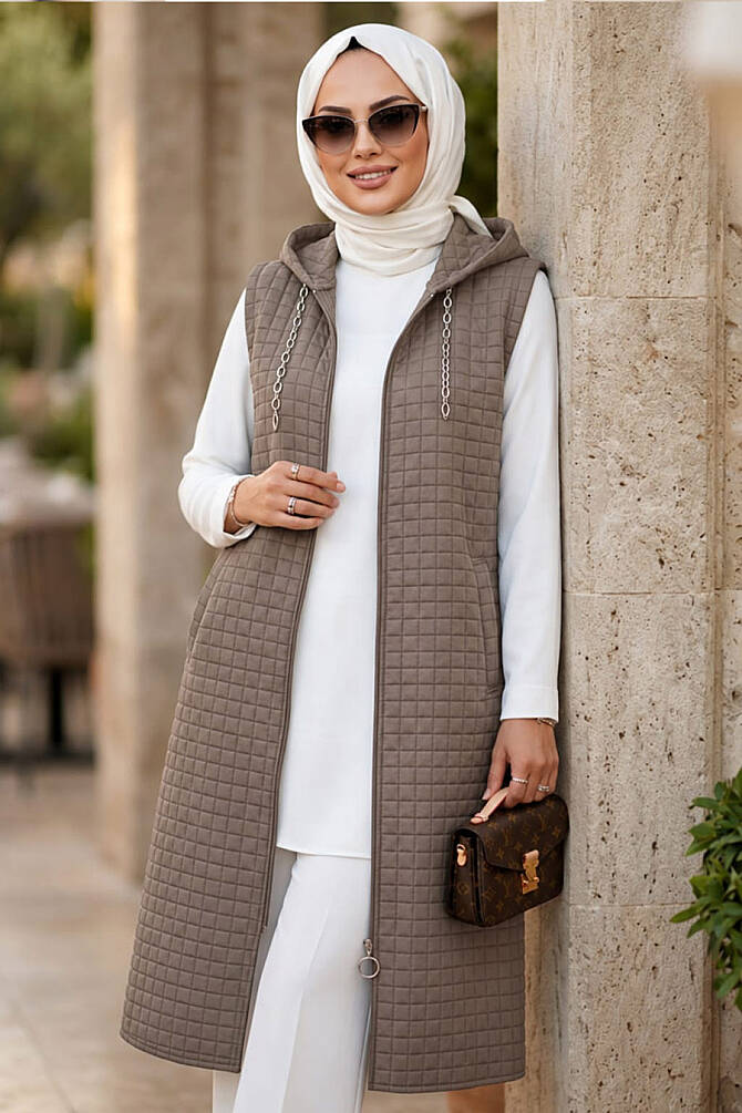 Kapşonlu Haki Tesettür Yelek 30415HK - N.S NEVA STYLE