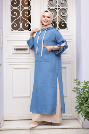 Kapşonlu İndigo Mavisi Tesettür Elbise 76612IM - N.S NEVA STYLE