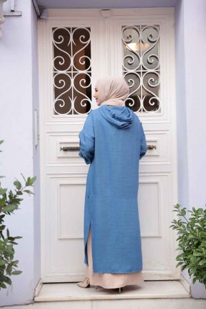 Kapşonlu İndigo Mavisi Tesettür Elbise 76612IM - 3