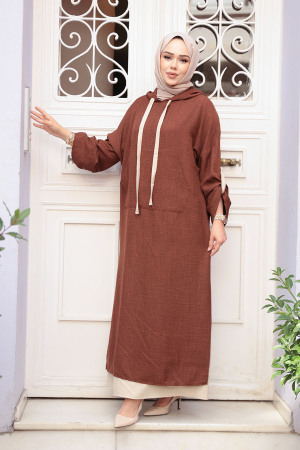 Kapşonlu Kahverengi Tesettür Elbise 76612KH 