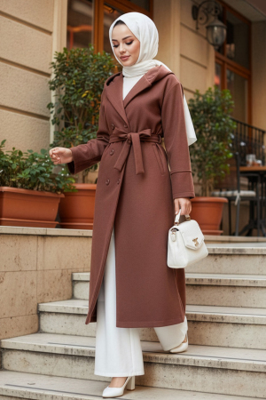 Kapşonlu Kahverengi Tesettür Kaşe Kap 62341KH - N.S NEVA STYLE