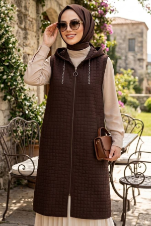 Kapşonlu Kahverengi Tesettür Yelek 30415KH - N.S NEVA STYLE
